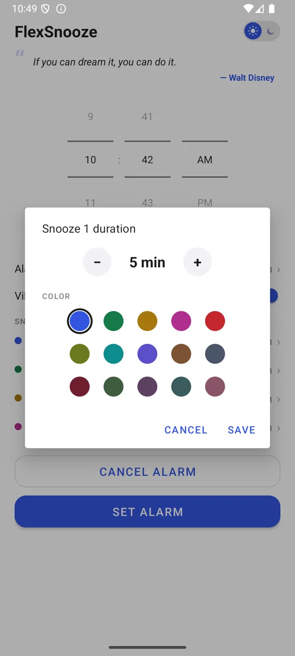 FlexSnooze dialog to set a snooze duration and pick a button color