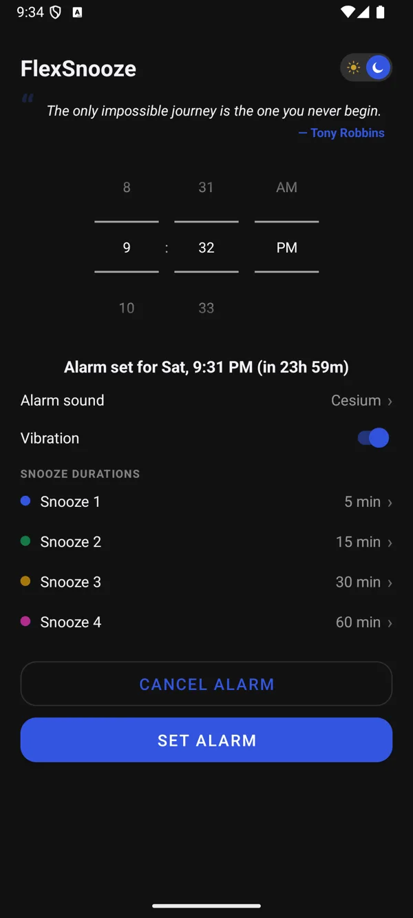 FlexSnooze home screen in dark mode