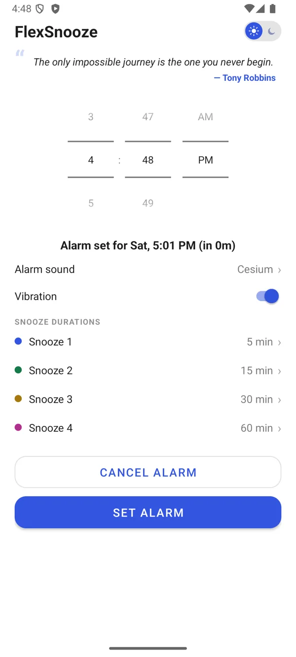 FlexSnooze home screen in light mode with time picker, alarm sound, vibration and four snooze durations