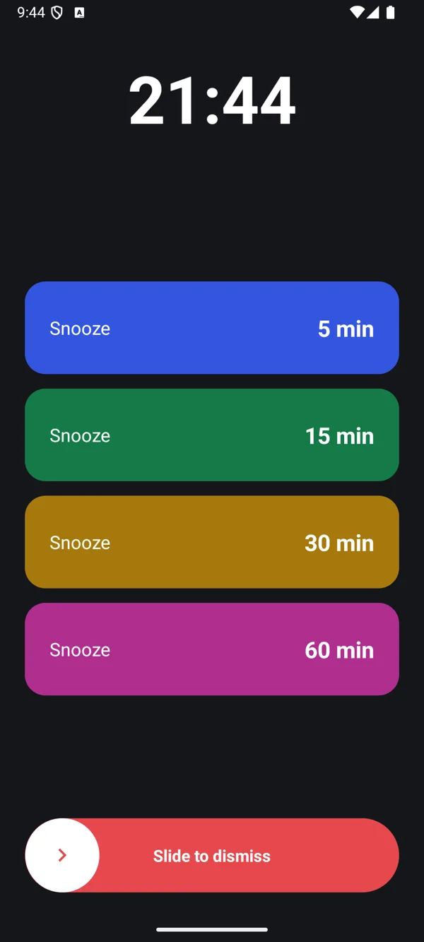 FlexSnooze ringing screen, dark mode, with colored snooze duration buttons