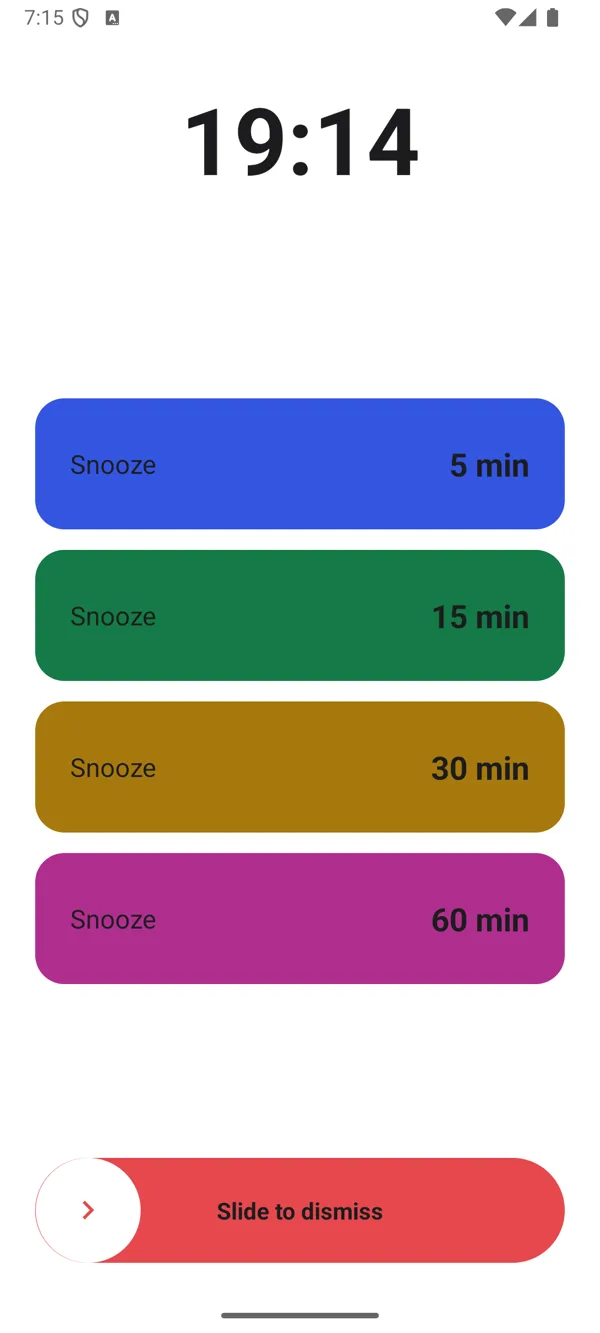 FlexSnooze ringing screen, light mode, with 5, 15, 30 and 60 minute snooze buttons